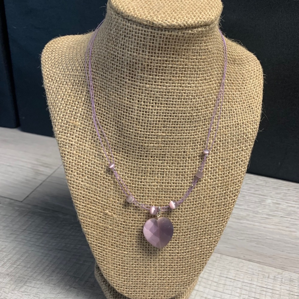 Purple Multi Strand Cord Heart Pendant Necklace Cat Eye Beads 16-19 Inch